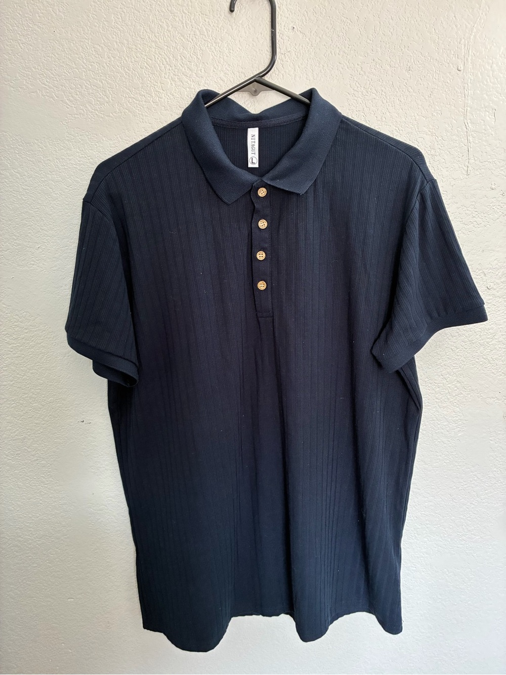 Men's Navy Textured Polo Shirt with Button Placket